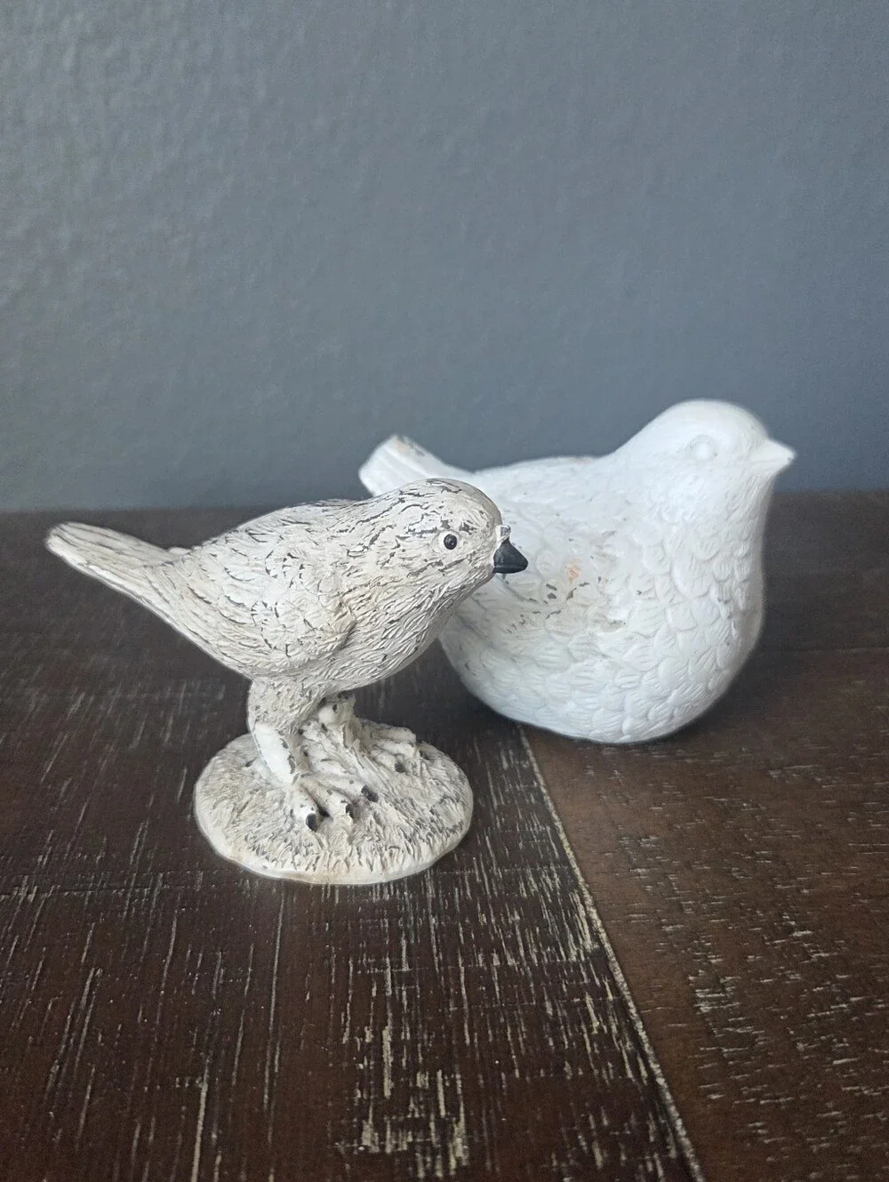 Rustic Shabby Chic White & Cream Bird Figurines Farmhouse Cottage Decor Set of 2